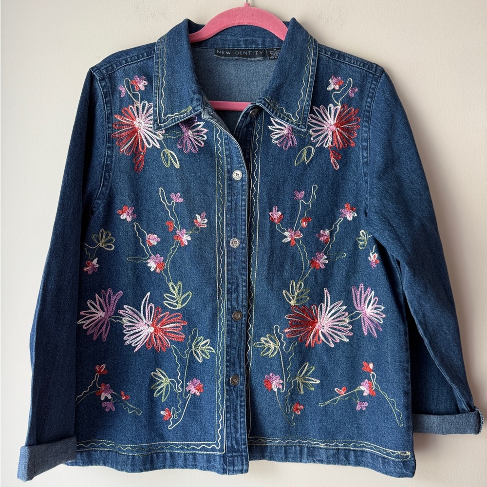 Vintage Embroidered Floral Denim Button Down Shirt